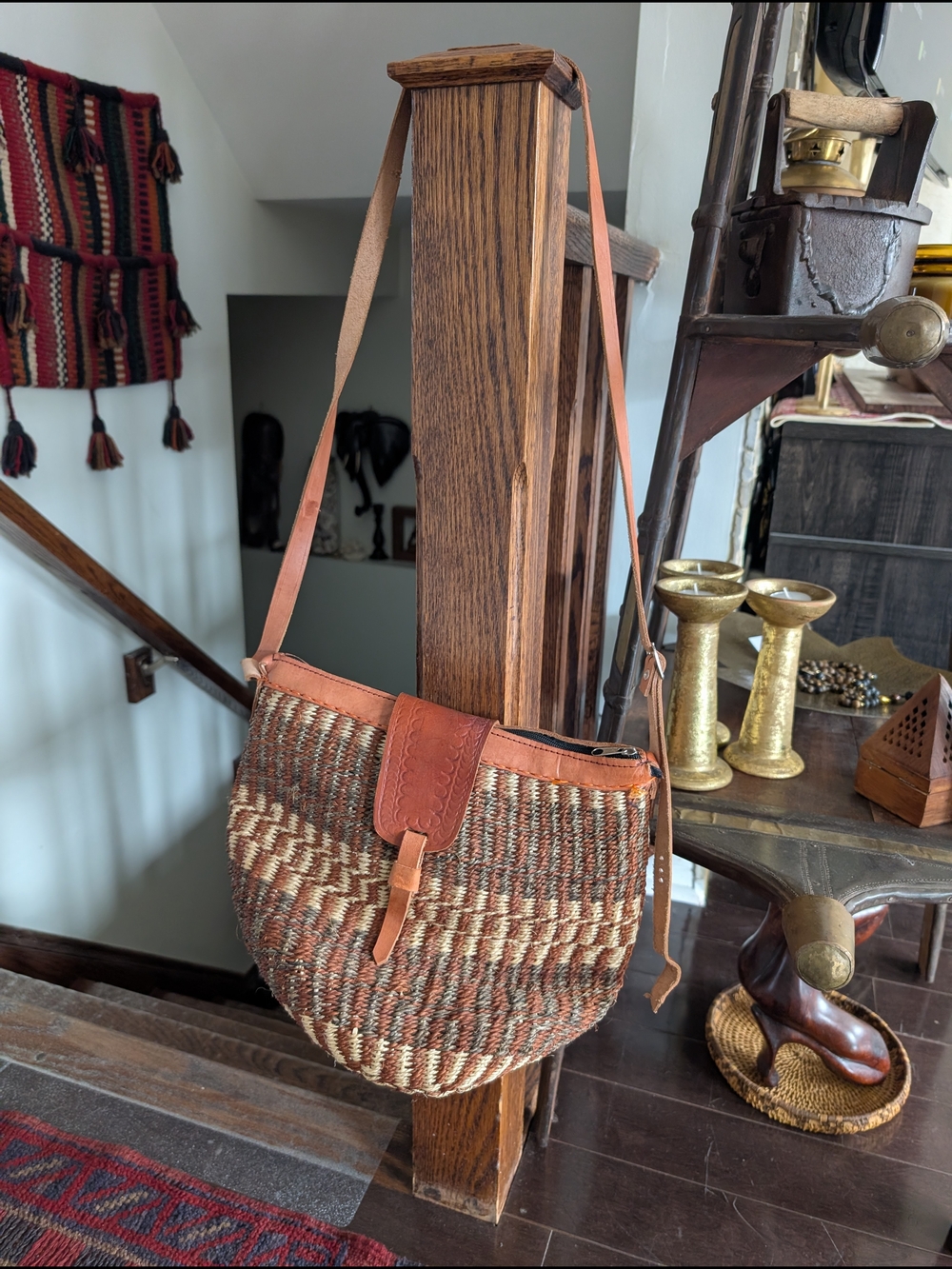Woven Straw Crossbody Bag with Leather Trim - Brown